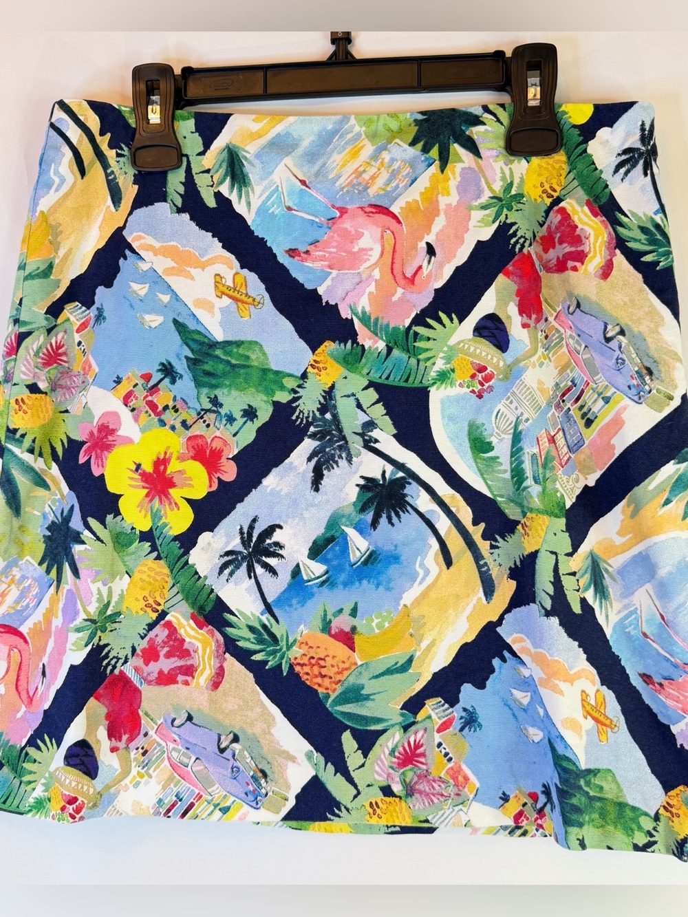 Talbots Petite Skirt Womens 12P Lined Zip Beach Flamingo Tropical Palm Trees